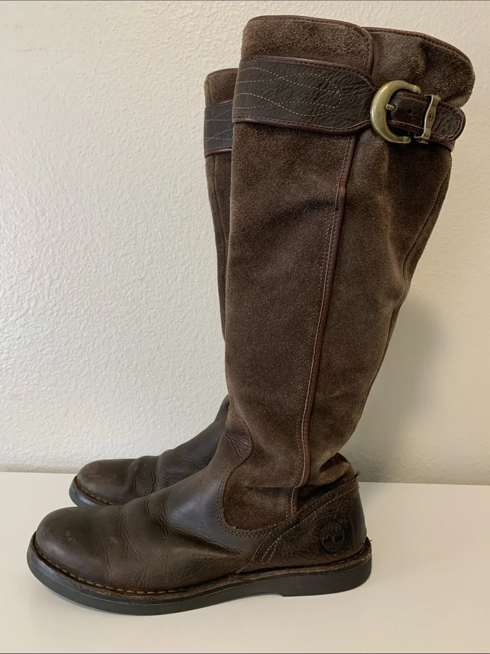Timberland Brown Suede and Leather Knee-High Boots with Buckle